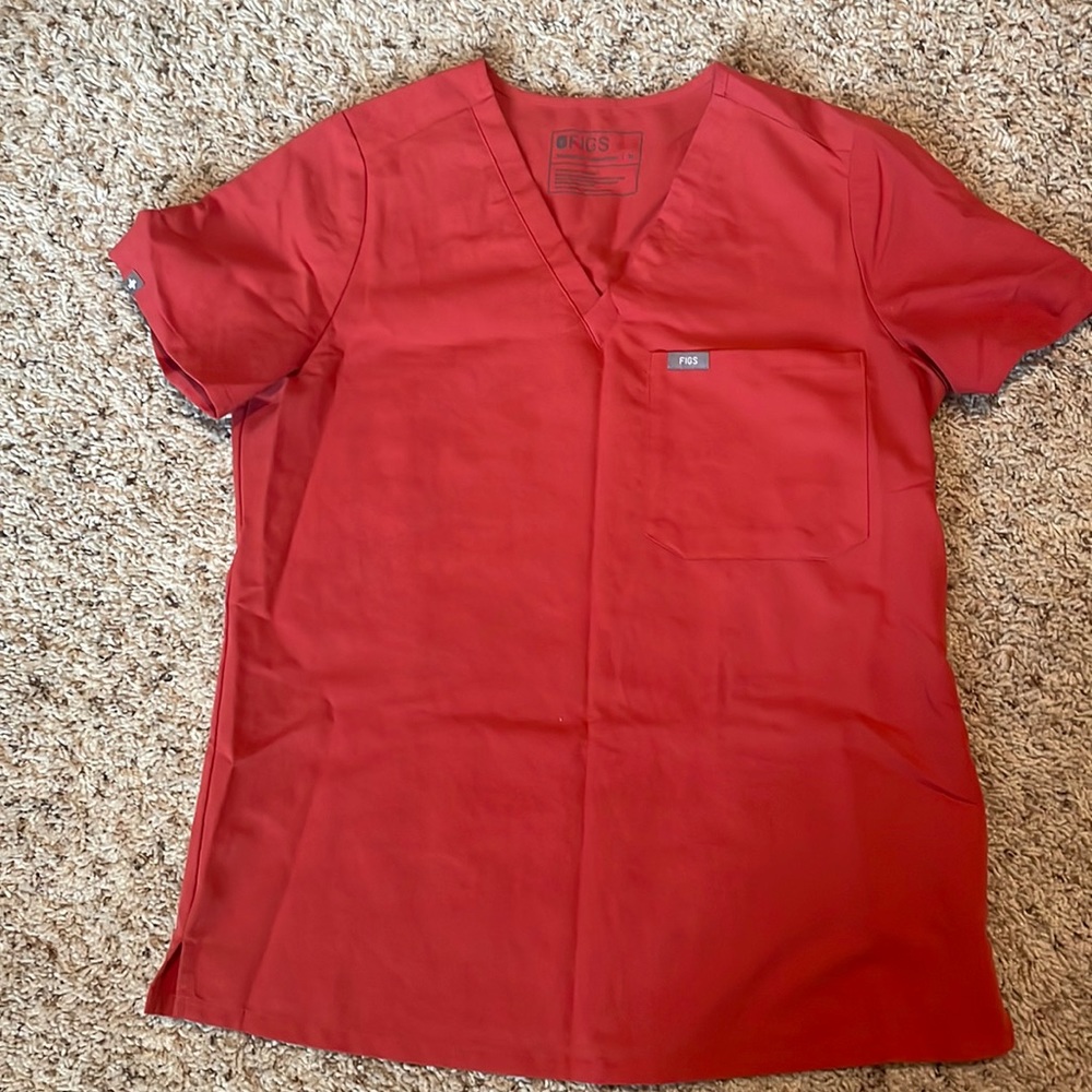 Orange/red one pocket FIGS scrub top